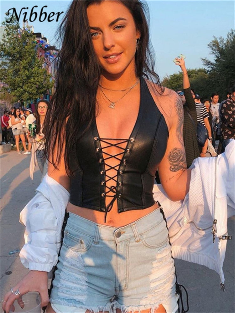 Leather Lace Up Halter Crop Top