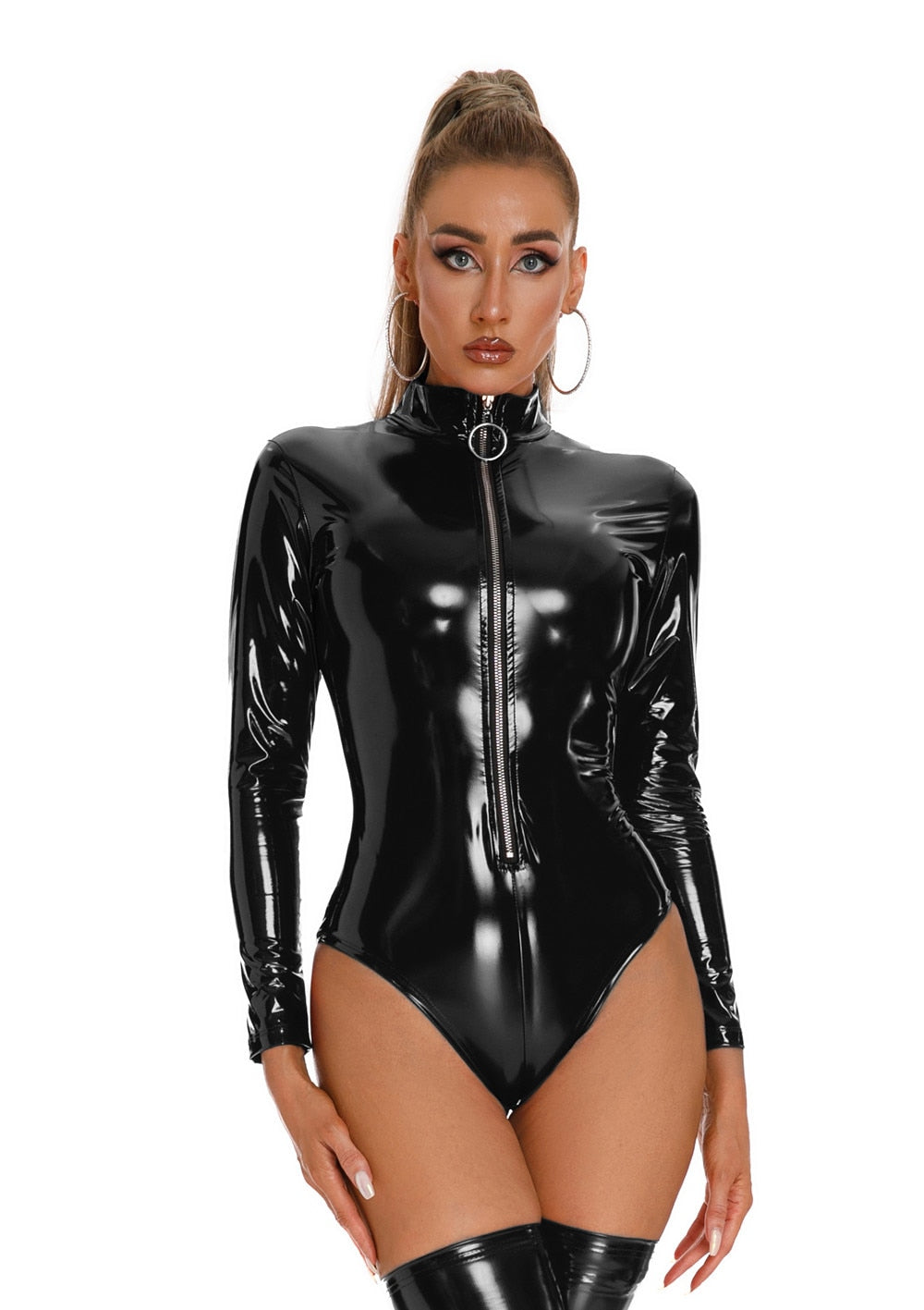 Sexy Leather Bodysuit, Long Gloves and Stockings