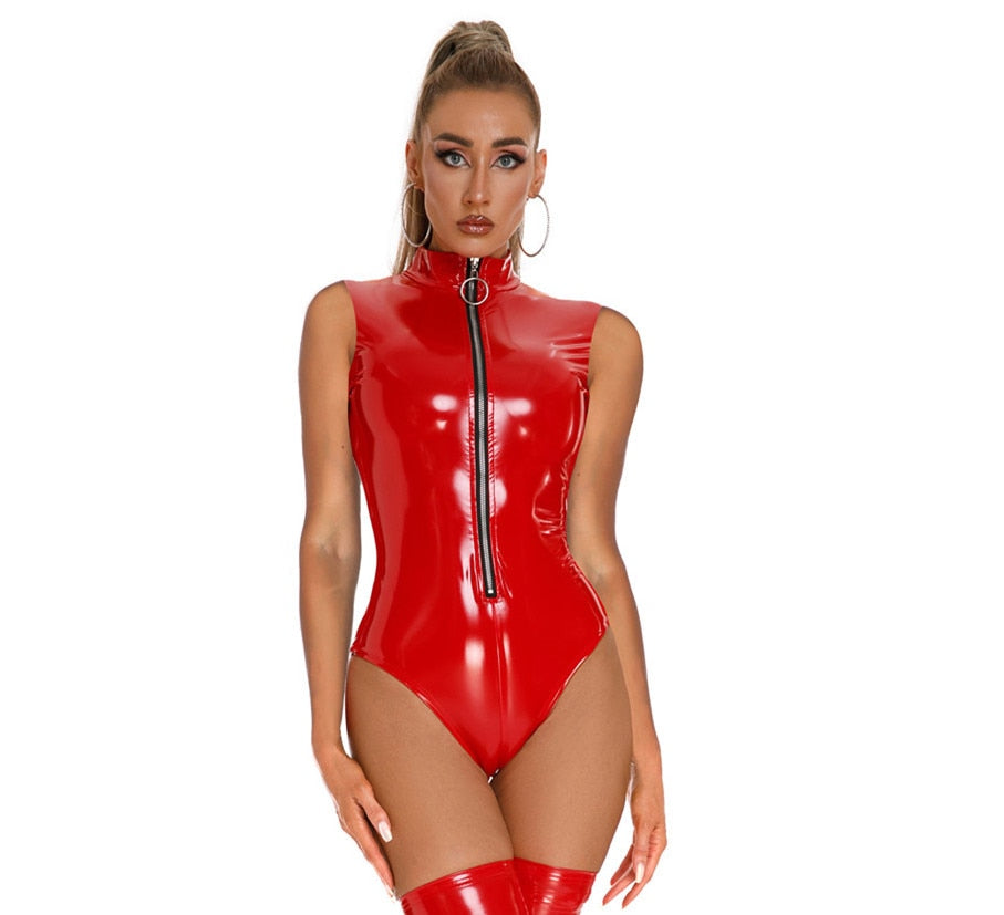 Sexy Leather Bodysuit, Long Gloves and Stockings