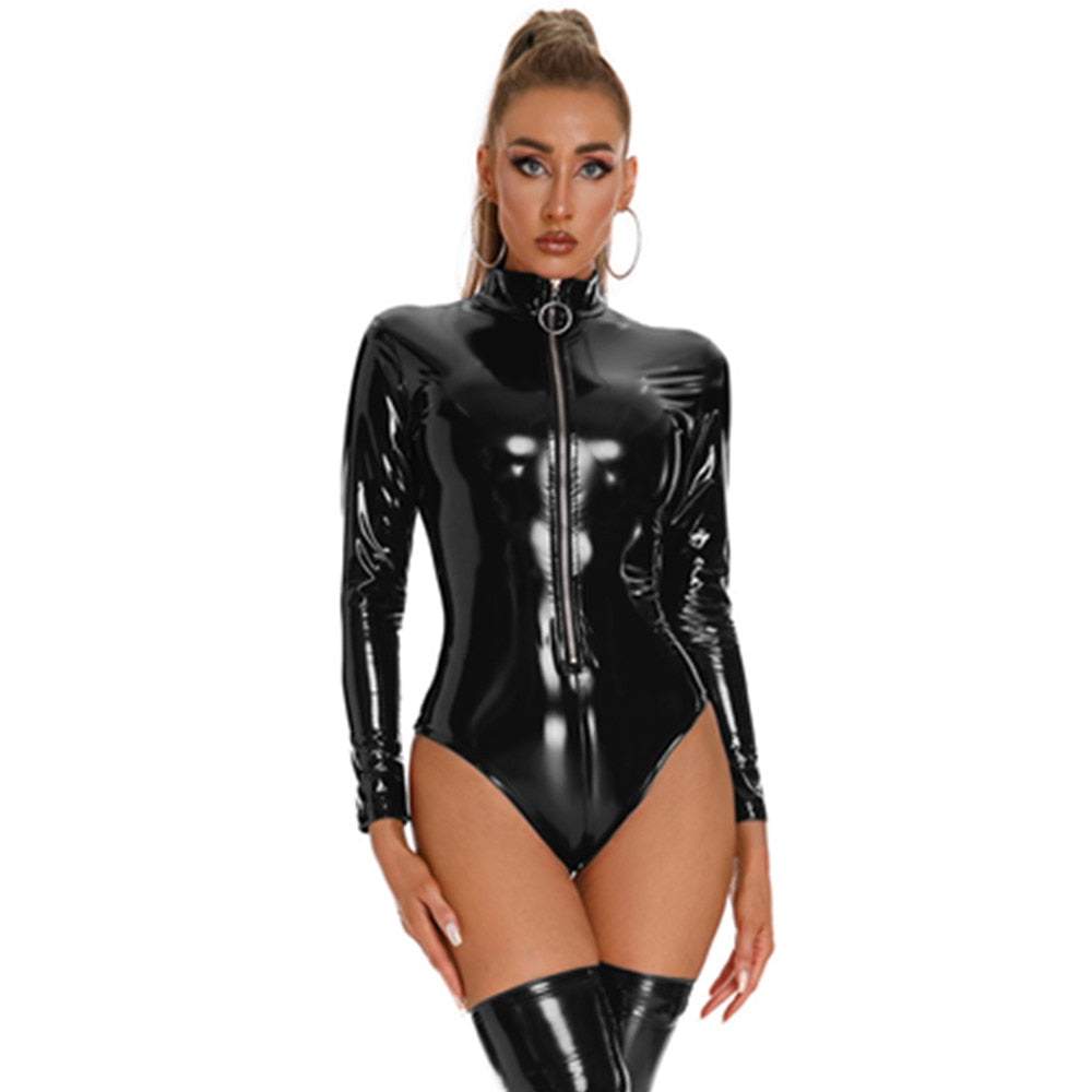 Sexy Leather Bodysuit, Long Gloves and Stockings
