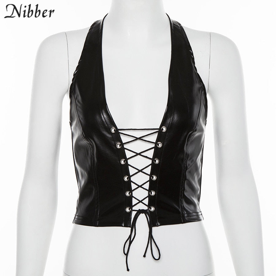 Sexy Black Leather Halter Vest