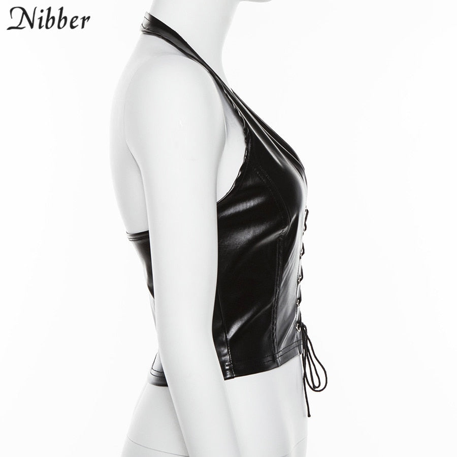 Sexy Black Leather Halter Vest