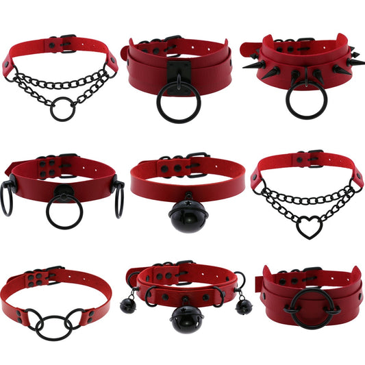 Red Leather Black Clavicle Collar Choker