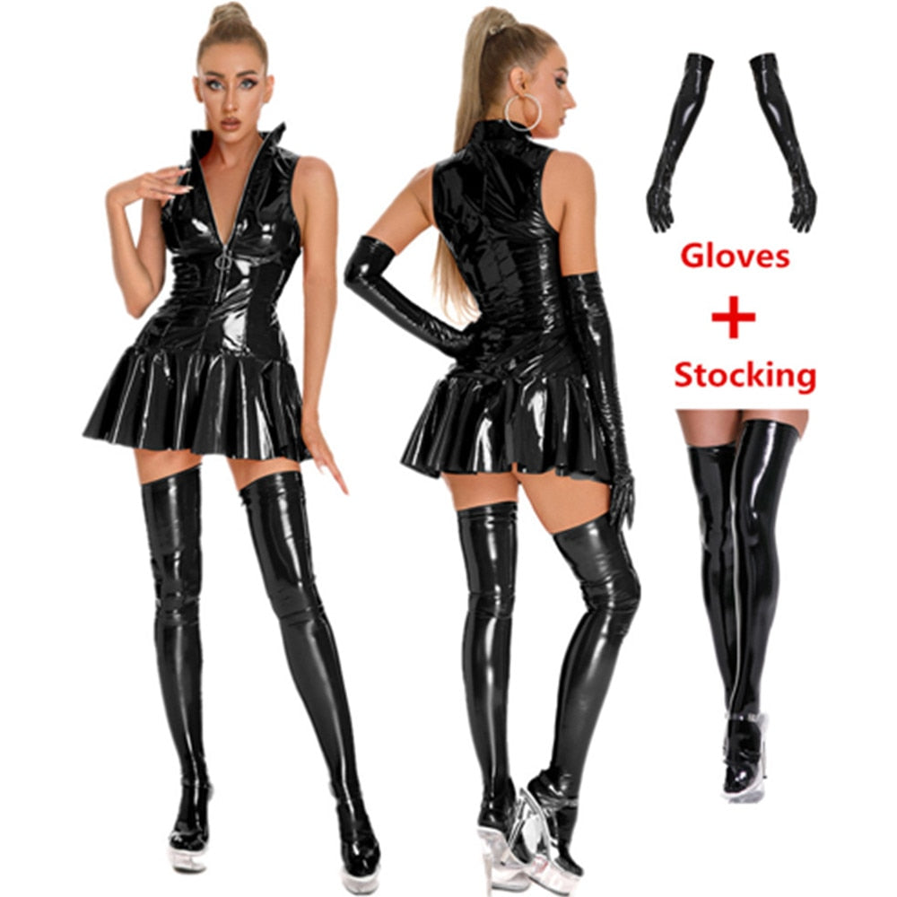 Faux Leather Pleated Mini Dress With Gloves and Stockings