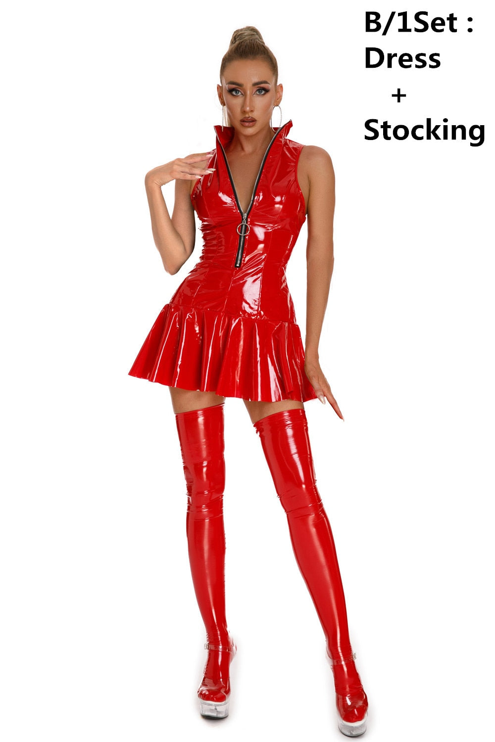 Faux Leather Pleated Mini Dress With Gloves and Stockings